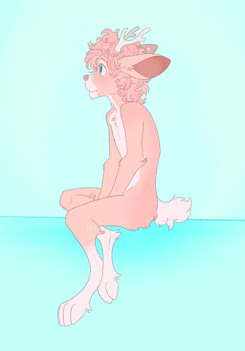 anthro antlers bent_legs crossed_ankles curled_hair femboy fluffy fluffy_tail hair horn long_ears male nude sitting slim snout solo tail nullenv birch_the_jackadeer deer hybrid jackalope lagomorph mammal hi_res