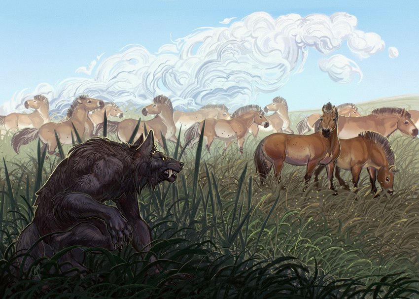 anthro bared_fangs black_body black_fur brown_body brown_skin feral fur grass herd hunting looking_at_another on_ground plant sharp_teeth sky teeth ponynok mythology canid canine canis equid equine horse mammal mythological_canine mythological_creature were werecanid werecanine werewolf wolf digital_media_(artwork) hi_res