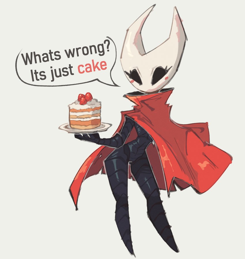 2_horns biped black_body black_eyes black_legs black_text cake cheek_spots cloak clothed clothing dessert dialogue eyelashes featureless_feet feet female fingers food holding_plate horn plate question_mark red_cloak red_clothing red_text simple_background solo speech_bubble standing text white_background white_head ak-me hollow_knight team_cherry hornet_(hollow_knight) arthropod 2025 digital_media_(artwork) english_text hi_res