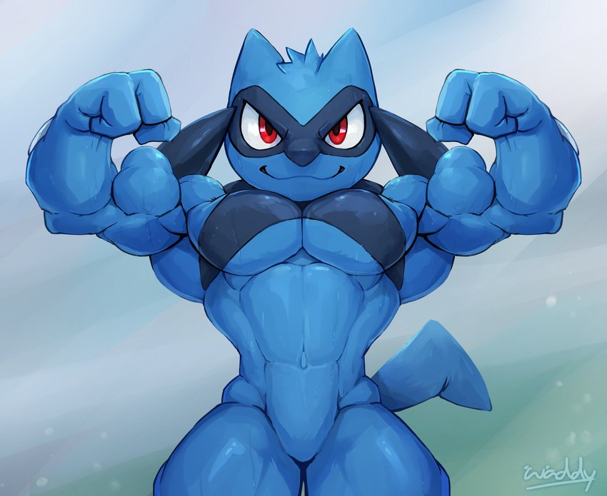 abs anthro biceps blue_body flexing flexing_bicep hair male muscular muscular_male navel pecs red_eyes smile solo tail waddledox nintendo pokemon generation_4_pokemon pokemon_(species) riolu absurd_res alternate_version_at_source hi_res