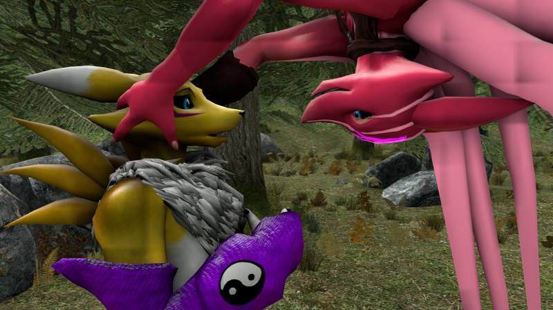 alternate_color anthro back_tentacles chest_tuft duo elbow_sleeves female forest fur pink_body pink_skin plant seductive tentacles tree tuft upside_down yellow_body yellow_fur bandai_namco digimon fan_character pacmaner100 reane canid canine digimon_(species) mammal renamon 3d_(artwork) absurd_res digital_media_(artwork) hi_res