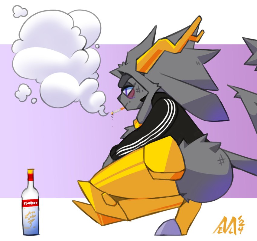 alcohol anthro antlers armor beverage blue_eyes cigarette clothing coat eye_bags female fur grey_body grey_fur horn jagged_tail jewelry leg_tuft leggings legwear smoking smoking_cigarette solo thigh_tuft topwear tuft wvrmwood pseudoregalia sybil_(pseudoregalia) bovid caprine felid feline goat hybrid lagomorph leporid mammal rabbit hi_res