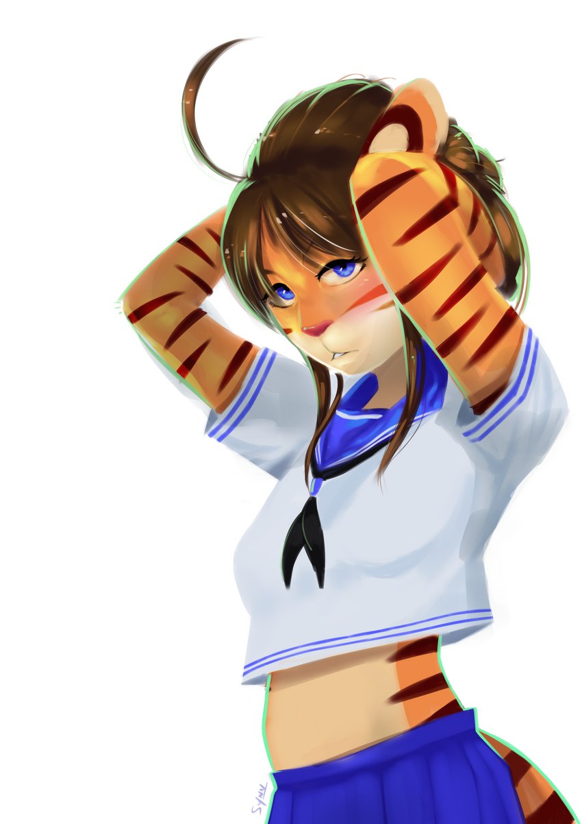 anthro blue_eyes brown_hair clothed clothing female hair looking_at_viewer simple_background solo white_background synnfultiger synn_(synnfultiger) felid mammal pantherine tiger absurd_res artist_name hi_res