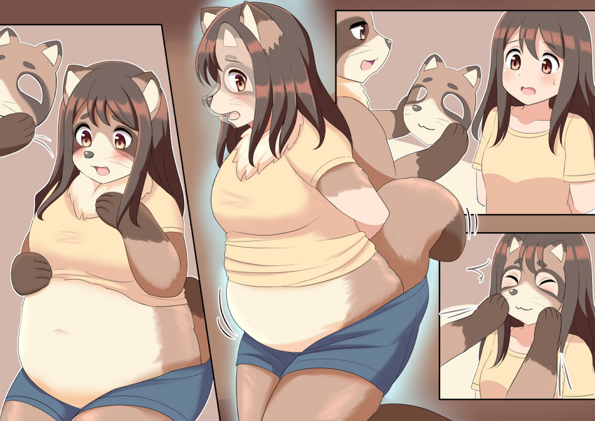 ambiguous_gender anthro blush bodily_fluids bottomwear breast_expansion breasts brown_background brown_body brown_eyes brown_fur brown_hair clothed clothing dewlap_(anatomy) duo embarrassed expansion female fur growth hair holding_object human_to_anthro kemono kneeling light_body light_skin long_hair mask_transformation midriff overweight overweight_anthro overweight_female shirt shorts simple_background species_transformation sweat sweatdrop tail tail_growth topwear transformation wardrobe_malfunction weight_gain whiskers yellow_clothing yellow_shirt yellow_topwear roina canid canine human mammal raccoon_dog tanuki comic