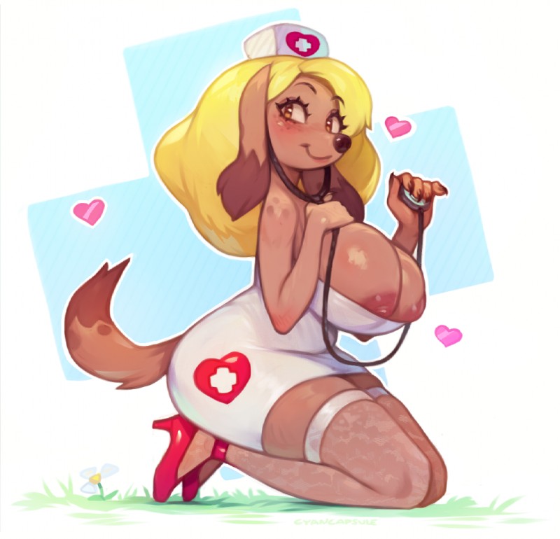 anthro big_breasts biped blonde_hair blush breasts brown_eyes cleavage clothed clothing dipstick_tail exposed_breasts eyelashes female flower footwear grass hair hand_on_breast heart_symbol high_heels holding_stethoscope huge_breasts kneeling legwear long_ears looking_at_viewer markings mature_anthro mature_female medical_instrument multicolored_tail nipples nurse nurse_clothing nurse_uniform partially_clothed pink_nipples plant pumps scientific_instrument shoes simple_background smile socks solo stethoscope tail tail_markings thick_thighs thigh_highs uniform cyancapsule maple_(cyancapsule) canid canine canis domestic_dog mammal 2019