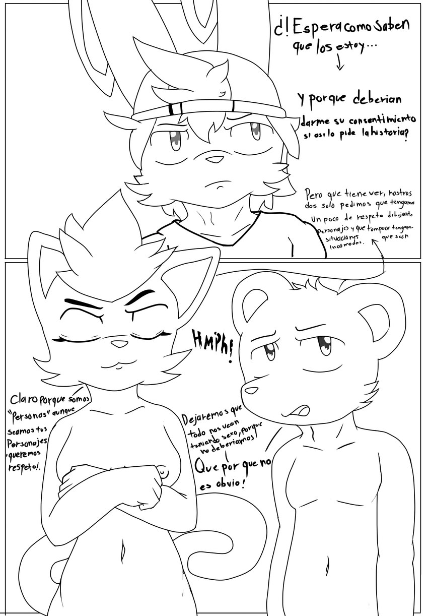 2_panel_comic annoyed anthro areola backwards_baseball_cap backwards_hat baseball_cap big_eyes biped border breaking_the_fourth_wall breasts cheek_tuft closed_smile clothed clothed_anthro clothed_male clothing covering covering_breasts covering_self dialogue duo_focus ears_back eyebrows facial_tuft female female_anthro fingers front_view fur furgonomic_headwear furgonomics group hair hat head_tuft headgear headwear hmph humor long_tail looking_at_viewer male male_anthro mouth_closed navel nipples nude nude_anthro nude_female nude_male outside_border outside_panel pivoted_ears pointy_ears prick_ears round_ears shirt simple_background smile smug smug_face solo tail text toony topwear trio tuft white_background white_border macamacrez akira_(macamacrez) faremertiuy_(oc) kaito_(macamacrez) bear canid canine domestic_cat felid feline felis hybrid mammal comic digital_drawing_(artwork) digital_media_(artwork) hi_res line_art spanish_text translated