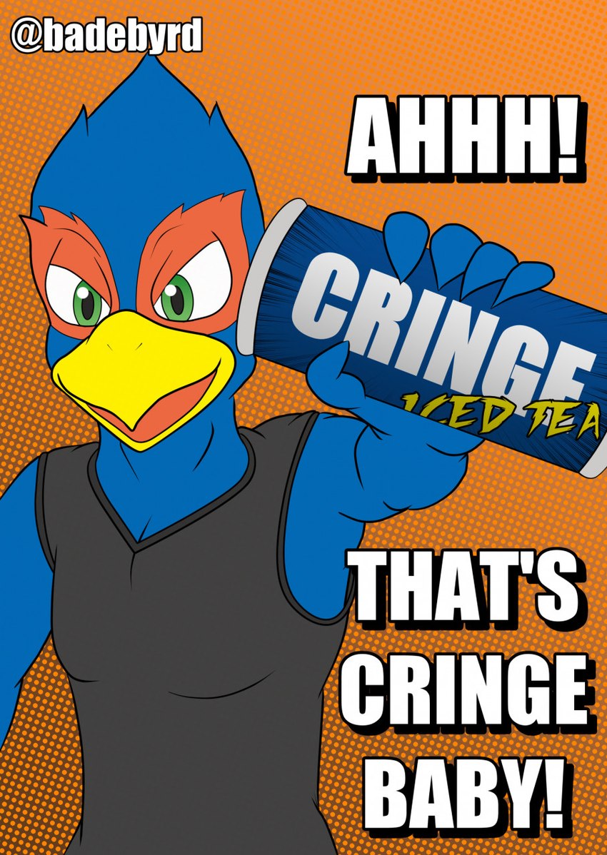 advertisement anthro beverage_can iced_tea male parody solo badebyrd nintendo star_fox brisk falco_lombardi avian bird falcon falconid galliform phasianid hi_res