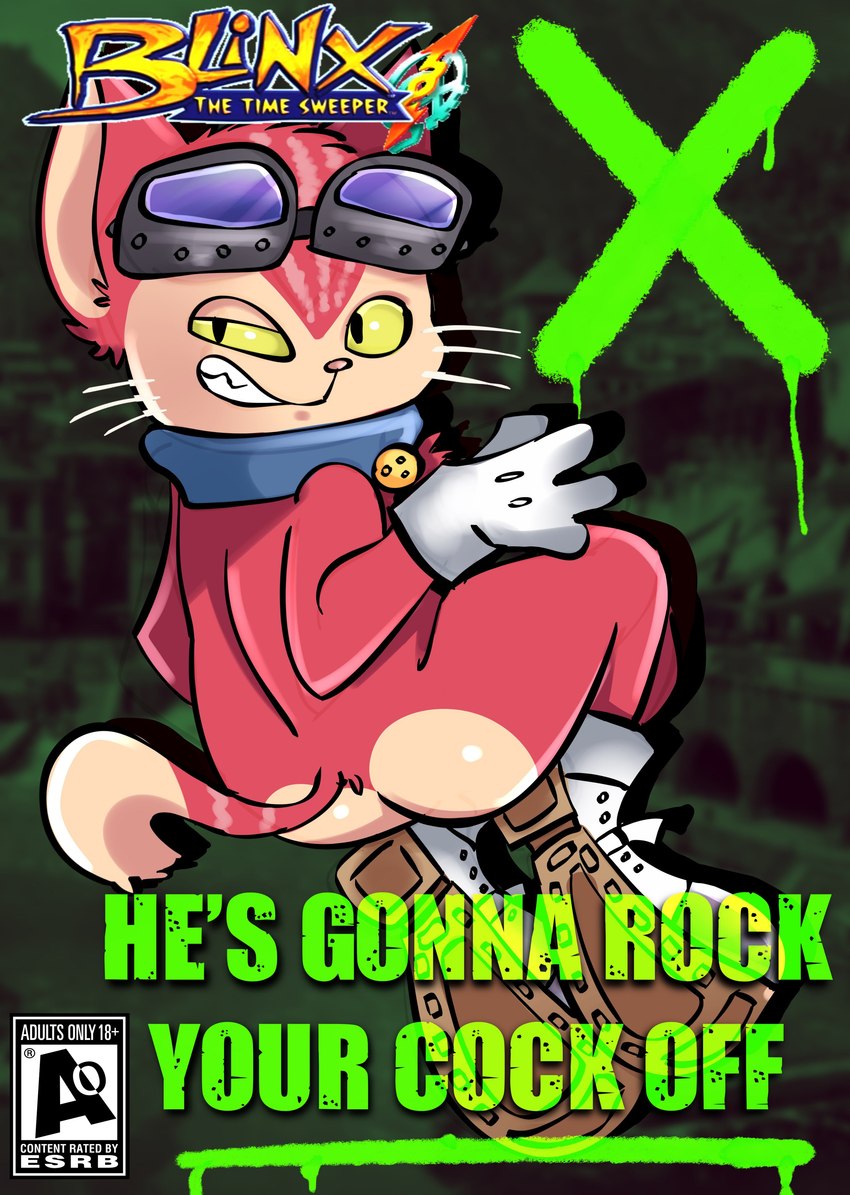 anthro butt collar eyewear fur game_cover goggles green_eyes grin looking_back male nude orange_body orange_fur smile solo text salamikii blinx_the_time_sweeper microsoft xbox_game_studios blinx domestic_cat felid feline felis mammal absurd_res english_text hi_res