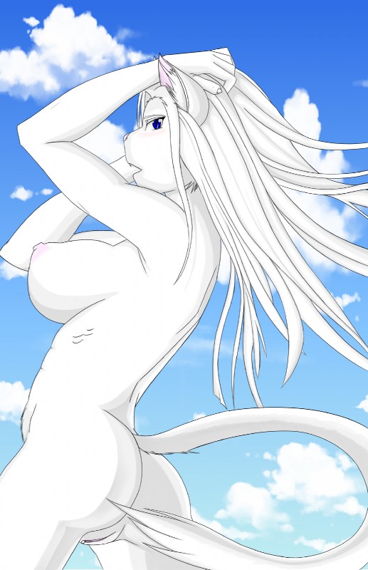 anthro areola blush breasts butt female fur genitals hair nipples outside pussy river sky solo white_body white_fur white_hair gtoyaannno mericella angel domestic_cat felid feline felis mammal hi_res