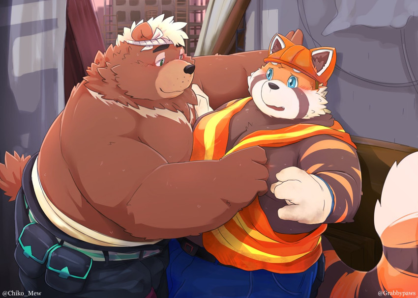 anthro armor belly big_belly blush clothed clothing construction_worker duo flirting headgear helmet male male/male moobs musclegut muscular nipple_fetish nipple_pinch nipple_play overweight overweight_male pinch slightly_chubby topless chiko_mew lifewonders live_a_hero goro_(live_a_hero) ailurid bear mammal red_panda