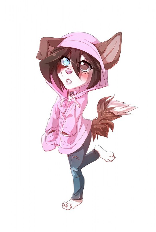 ambiguous_gender anthro barefoot biped brown_hair chibi feet femboy hair heterochromia male open_mouth pink_nose simple_background solo standing teeth tongue white_background rikitoka canid canine canis domestic_dog mammal hi_res