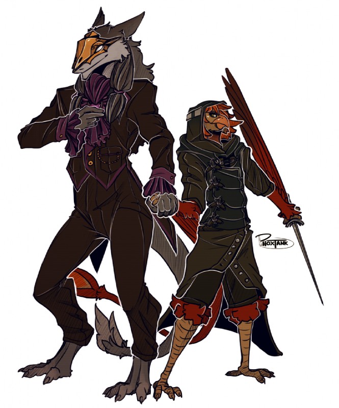 ambiguous_gender anthro assassin ballroom clothed clothing costume duo feathers fully_clothed hand_holding hoodmask male melee_weapon relationship romantic romantic_couple size_difference suit sword tail weapon tanks_(artist) arkane_studios dishonored microsoft nevrea rakas ren_(burned_out) avian bird mammal nevrean sergal charm_(disambiguation)