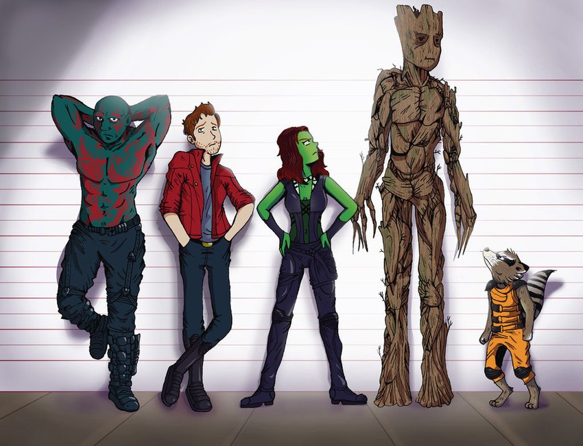 beard boots clothing facial_hair female footwear group jacket male plant red_clothing red_jacket red_topwear shoes size_difference topwear cowboy_bebop guardians_of_the_galaxy marvel marvel_cinematic_universe drax_the_destroyer gamora groot peter_quill rocket_raccoon star_lord alien alien_humanoid elemental_creature elemental_humanoid flora_fauna human humanoid mammal plant_humanoid procyonid raccoon