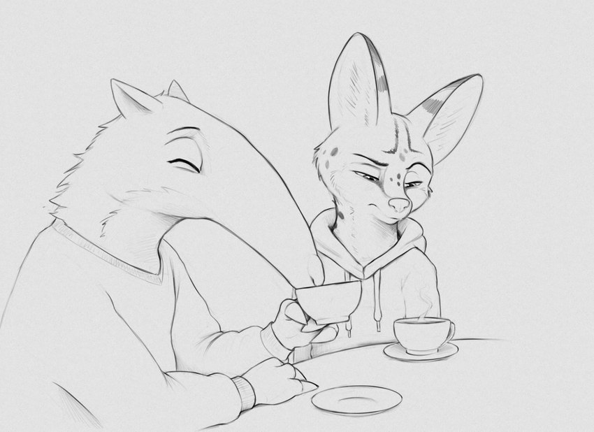 anthro beverage cheek_tuft clothed clothing container cup duo eyes_closed facial_tuft fur hoodie tea topwear tuft s1m luke_(s1m) anteater felid feline mammal pilosan serval xenarthran 2022 digital_media_(artwork) hi_res monochrome sketch