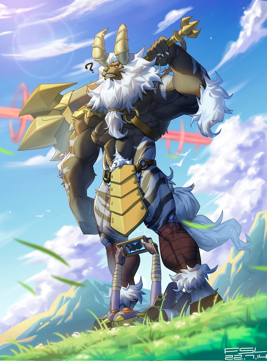 anthro arm_wraps armor beard brown_body brown_fur butt chain clenched_teeth cloud confusion duo facial_hair fur fur_markings grass hooves horn humor looking_forward looking_up lying mace majora's_mask_(item) male mane markings mask melee_weapon mountain muscular on_back orange_eyes outside plant question_mark sheikah_slate sky spy_camera standing tablet_computer taking_picture teeth upskirt_photo weapon white_mane wraps fansl breath_of_the_wild majora's_mask nintendo the_legend_of_zelda humanoid hylian lynel 2022 hi_res signature