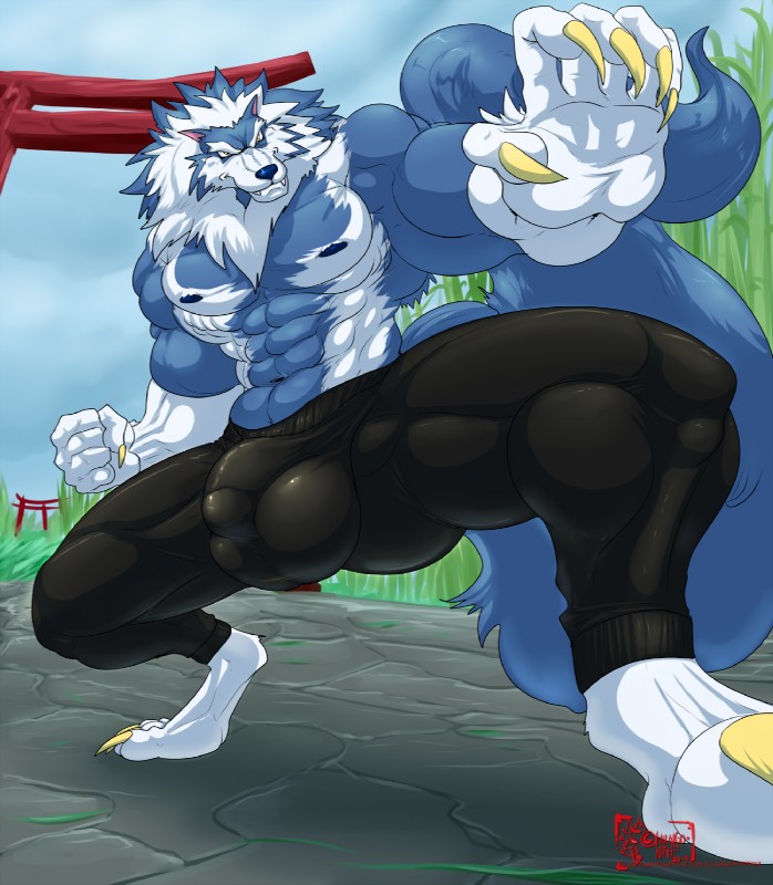 4_toes 5_fingers abs anthro balls biceps big_bulge big_muscles biped blue_body blue_fur blue_hair blue_nose blue_skin bottomwear bulge claws clothed clothing day detailed_bulge digitigrade feet fingers fist fur genital_outline genitals gloves_(marking) hair leg_markings low-angle_view male mane markings multicolored_body multicolored_fur multicolored_hair multicolored_skin muscular muscular_anthro muscular_male muscular_thighs nipples pants pecs penis_outline pose post sharp_teeth sky smile socks_(marking) solo teeth tight_clothing toes topless two_tone_body two_tone_fur two_tone_hair two_tone_skin white_body white_fur white_hair white_skin yellow_eyes hungothenomster capcom darkstalkers mythology jon_talbain canid canine canis mammal mythological_canine mythological_creature werecanid werecanine werecreature werewolf wolf 2019 hi_res