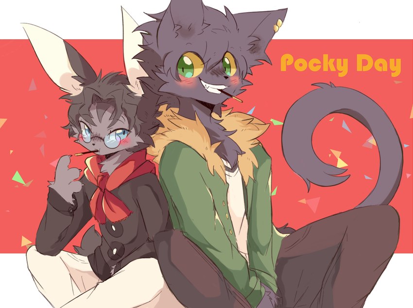 anthro biped black_body black_fur blush blush_lines clothed clothing duo eyewear food fur glasses green_clothing green_eyes hair male smile tail leslichu pocky pocky_and_pretz_day domestic_cat felid feline felis lagomorph leporid mammal rabbit