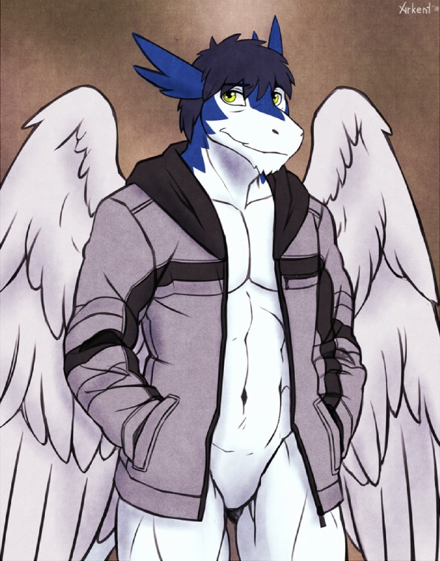 anthro bottomless clothed clothing feathered_wings feathers featureless_crotch green_eyes jacket looking_at_viewer male solo topwear wings nameless00 mythology clei dragon feathered_dragon feathered_scalie mythological_creature mythological_scalie scalie windragon