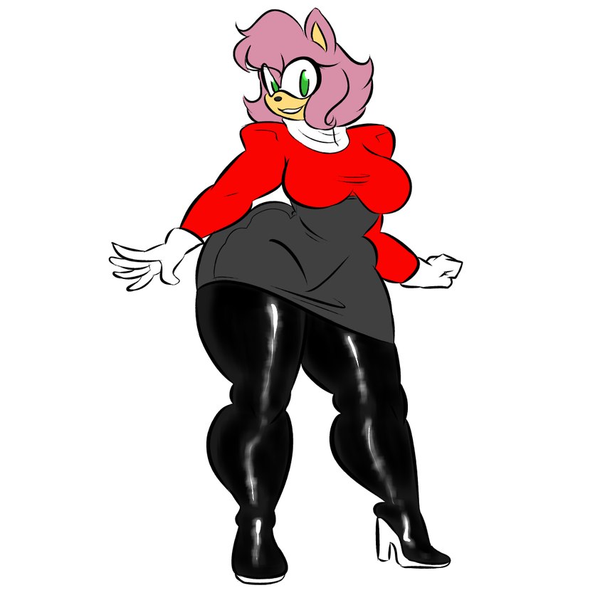 anthro big_breasts big_butt black_clothing black_leggings black_legwear boots breasts butt clothing dress fat_rolls female footwear glistening glistening_clothing glistening_leggings glistening_legwear gloves grey_clothing grey_dress handwear high_heeled_boots high_heels leggings legwear looking_aside looking_at_viewer raised_hips red_clothing red_shirt red_topwear shirt shoes slightly_chubby solo thick_arms thick_calves thick_thighs topwear white_clothing white_gloves white_handwear wide_hips bearbuddies ms-prisma sega sonic_the_hedgehog_(series) amy_rose eulipotyphlan hedgehog mammal 1:1