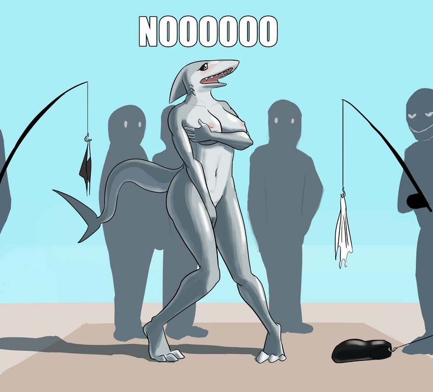 3_toes anthro breasts clothing clothing_theft covering covering_self embarrassed feet female fishing_rod group hand_bikini nipples non-mammal_breasts outside stealing text toes torn_clothing joeyjazz fish marine shark absurd_res hi_res meme