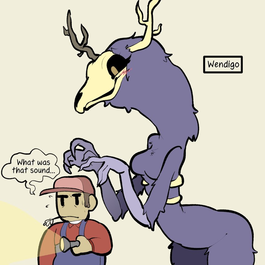 anthro bone breasts clothed clothing dialogue duo farmer female flashlight fur larger_anthro larger_female male nude purple_body purple_fur size_difference skull skull_head smaller_human smaller_male text itsunknownanon american_mythology indigenous_north_american_mythology mythology north_american_mythology human mammal monster wendigo 1:1 2021 english_text hi_res