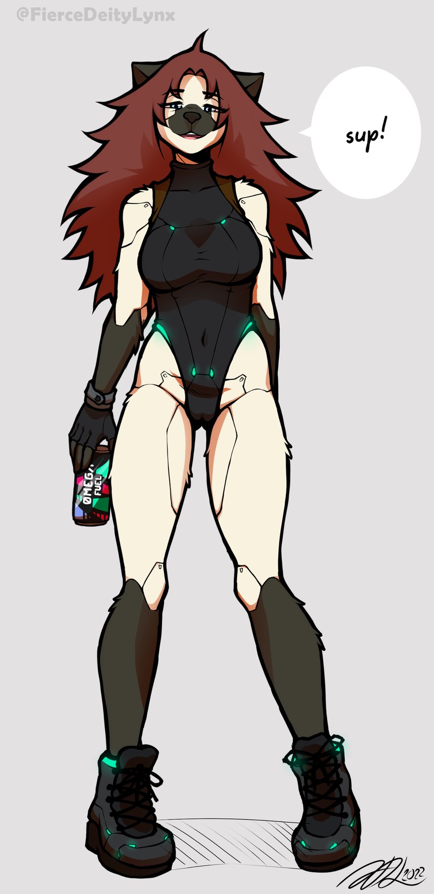 anthro beverage big_breasts boots bracelet breasts camel_toe clothing cybernetics energy_drink eyebrow_through_hair eyebrows female footwear front_view gloves_(marking) greeting greeting_viewer hair holding_beverage holding_energy_drink holding_object jewelry leg_markings lidded_eyes long_hair looking_at_viewer machine markings navel shoes socks_(marking) solo standing text translucent translucent_hair fiercedeitylynx caroline_(fiercedeitylynx) cyborg domestic_cat felid feline felis mammal siamese 2022 absurd_res artist_name hi_res signature watermark