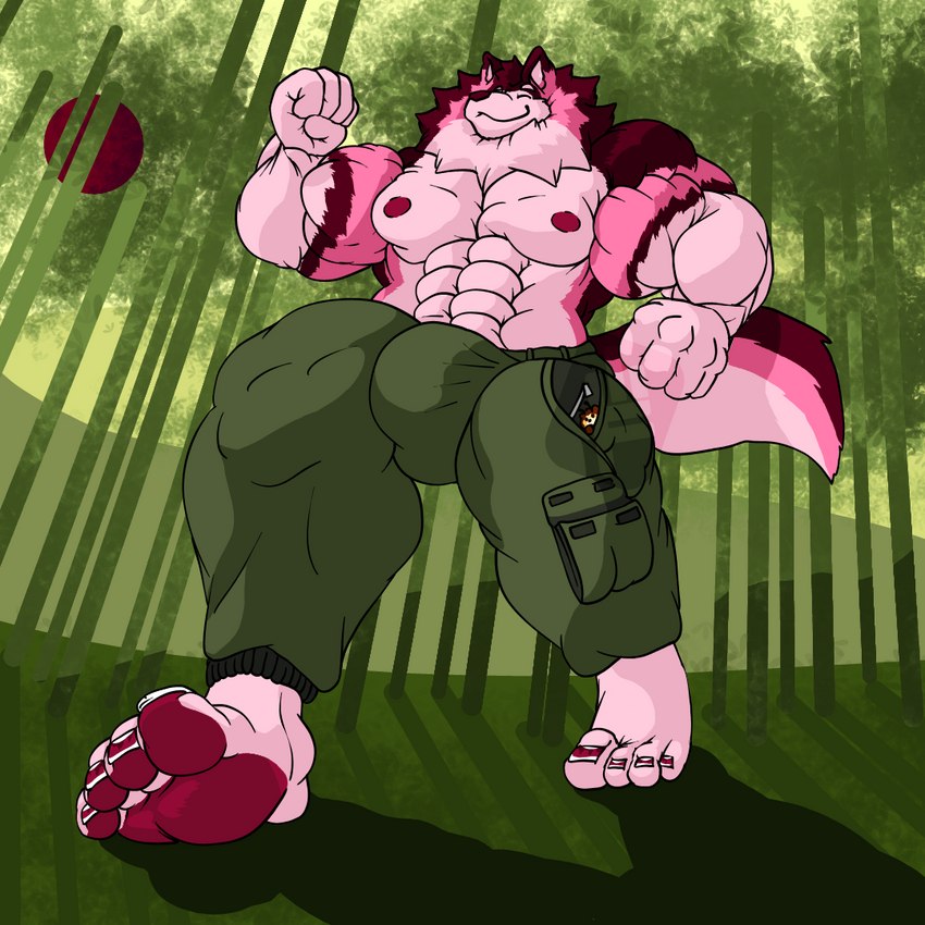 abs antennae_(anatomy) anthro bamboo bamboo_forest barazoku belly biceps big_muscles brown_body brown_fur clothed clothing duo feet fluffy forest fur hair happy huge_muscles humanoid_feet hyper hyper_muscles larger_male larger_pet male micro muscular muscular_anthro muscular_male nails nipples pink_nose plant plantigrade simple_background size_difference smaller_male smile soles tail text toenails toes tree wings yellow_body fujiyama_samoyed bumble_beans_(fujiyamasamoyed) yanbara_(fujiyamasamoyed) alaskan_malamute arthropod bee canid canine canis domestic_dog hybrid hymenopteran insect mammal nordic_sled_dog raccoon_dog spitz tanuki himbo 1:1 digital_media_(artwork)