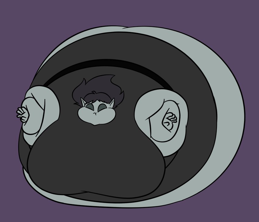 belly belly_expansion belt big_belly big_breasts big_cheeks black_belt black_clothing black_dress black_hair body_inflation breast_expansion breasts clothing dress expansion eyeless female grey_body grey_ears hair huge_belly huge_breasts huge_cheeks humanoid_pointy_ears hyper hyper_belly hyper_breasts hyper_inflation immobile inflation lying not_furry on_front puffed_cheeks purple_background simple_background solo spherical_inflation tight_clothing sergiocipactli vexa_(reathe) elf ghost human mammal spirit 2024 absurd_res colored digital_media_(artwork) flat_colors hi_res