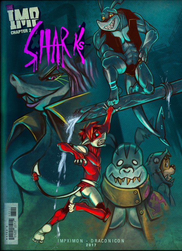 abs anthro barefoot biceps big_muscles bulge claws clothed clothing feet female fin fur gloves hair handwear male mask muscular muscular_male paws pecs smile superhero teeth text tight_clothing impximon the_imp fish great_white_shark humanoid imp mackerel_shark mammal marine mustelid otter shark white_shark absurd_res comic cover cover_art cover_page english_text hi_res