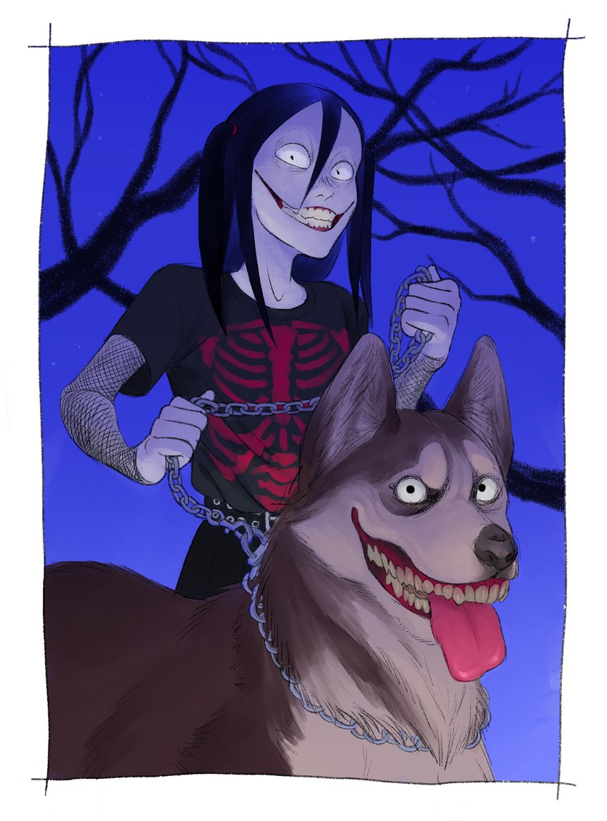 alternative_fashion black_hair clothed clothing duo feral goth grin hair looking_at_viewer male mall_goth simple_background smile teeth breadbitch420 creepypasta jeff_the_killer smile.dog canid canine canis domestic_dog human husky mammal nordic_sled_dog siberian_husky spitz absurd_res hi_res