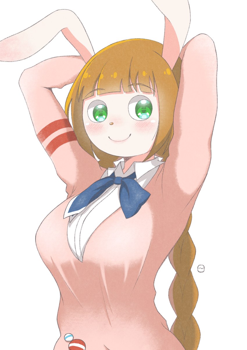 anthro bangs big_breasts blush braided_pigtails breasts brown_hair clothing eyebrows female floppy_ears green_eyes hair hands_behind_head long_pigtails looking_at_viewer pigtails pose school_uniform shirt simple_background smile smiling_at_viewer solo topwear twintails_(hairstyle) uniform dokadayo bemani konami pop'n_music mimi_(pop'n_music) animal_humanoid humanoid lagomorph lagomorph_humanoid mammal mammal_humanoid absurd_res hi_res portrait