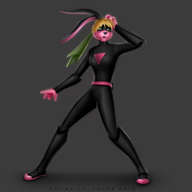 anthro black_nose bodysuit breasts clothing female fur green_eyes grey_background open_mouth pink_body pink_fur ponytail_ears simple_background skinsuit solo superhero superpowers tight_clothing la_volpe loonatics_unleashed looney_tunes warner_brothers lexi_bunny lagomorph leporid mammal rabbit 1:1 2013