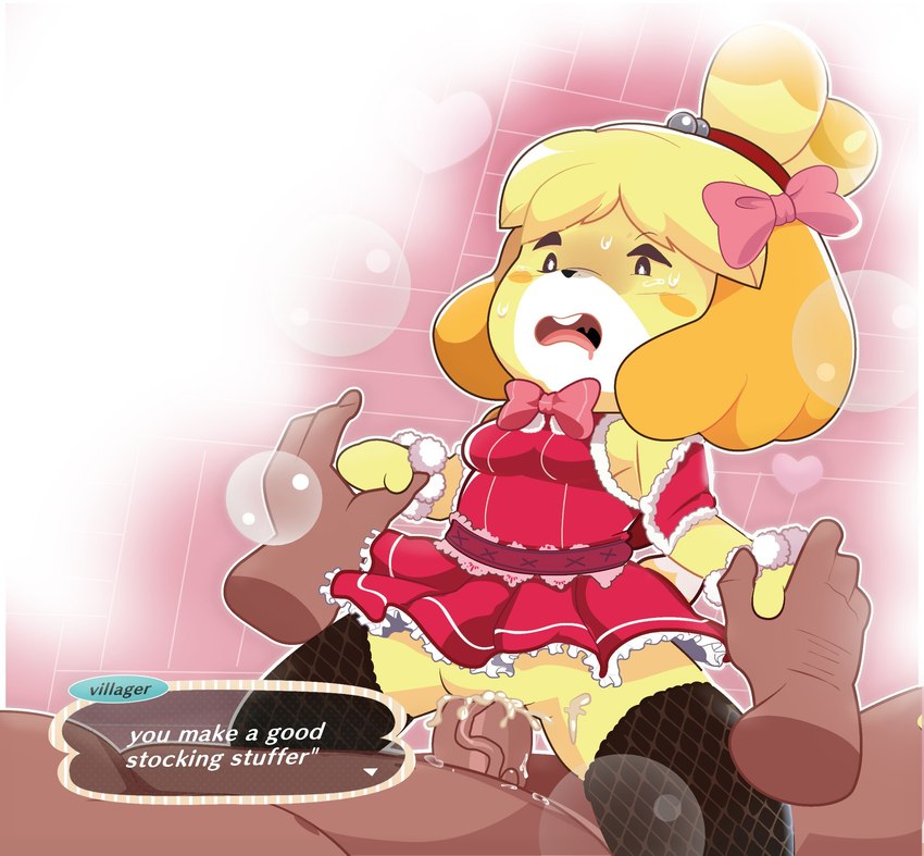 anthro bell bodily_fluids bow_accessory clothed clothing cum cum_from_pussy cum_in_pussy cum_inside dialogue dress duo female genital_fluids holidays leaking_cum legwear male male/female orgasm penetration simple_background stockings sweat text vaginal vaginal_penetration goz-o animal_crossing christmas nintendo isabelle_(animal_crossing) canid canine canis domestic_dog human humanoid mammal 2022 english_text hi_res