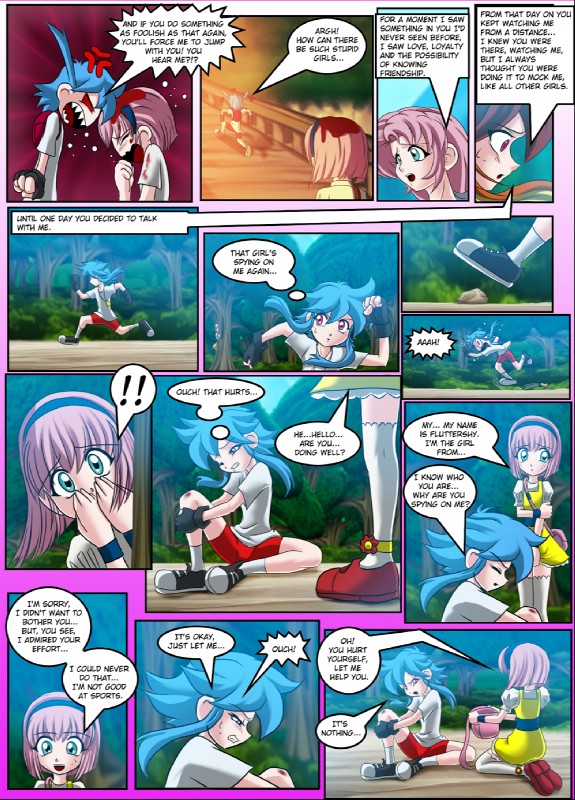 alternate_species blood blue_hair bodily_fluids bridge crying female forest hair human_only not_furry outside pink_hair plant purple_eyes running tears text tree wounded mauroz friendship_is_magic hasbro my_little_pony fluttershy_(mlp) rainbow_dash_(mlp) human mammal comic english_text hi_res