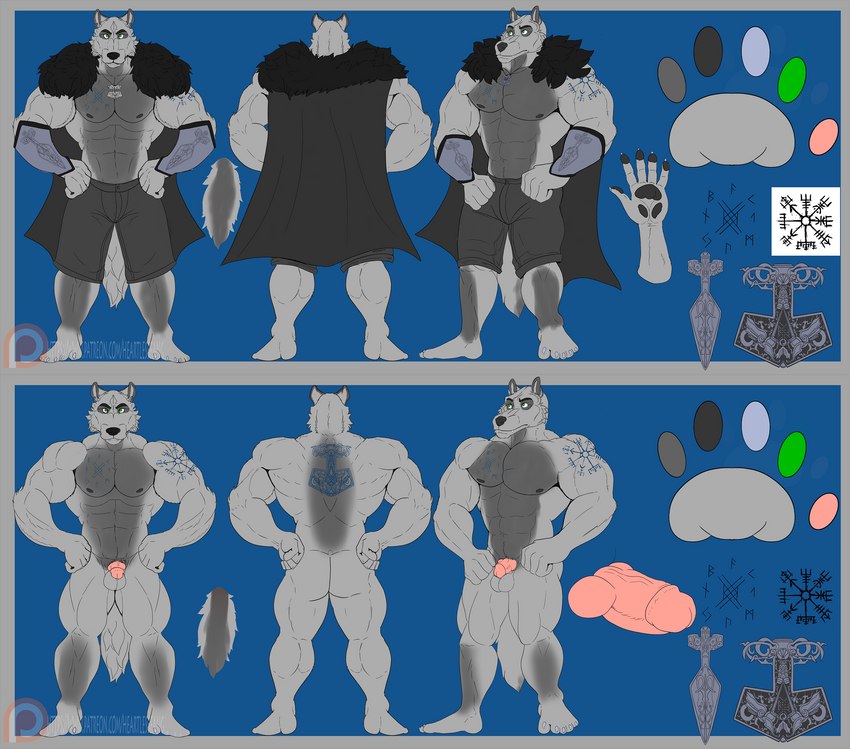 anthro hammer male mjolnir mjolnir_necklace muscular norse runes solo tattoo tools heartlessfang european_mythology mythology norse_mythology thor_(mythology) ych_(character) canid canine canis mammal wolf absurd_res hi_res model_sheet