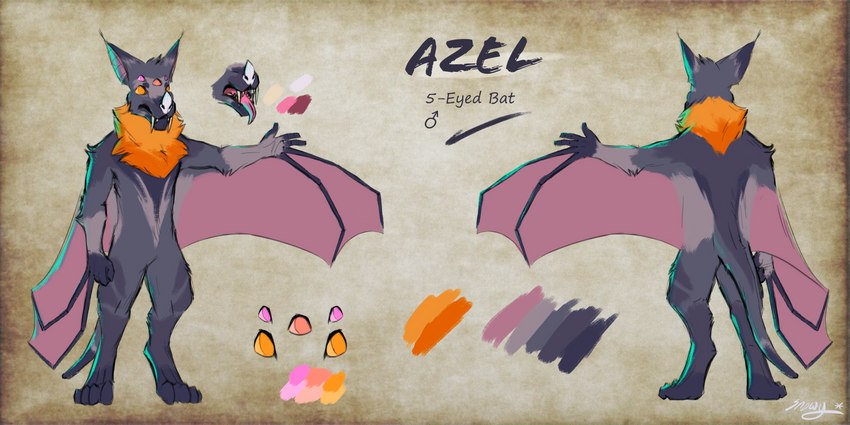 5_eyes anthro color_swatch fangs male multi_eye multifur multifurry solo teeth text tongue tongue_out winged_arms wings bat mammal 2:1 absurd_res character_name english_text hi_res model_sheet