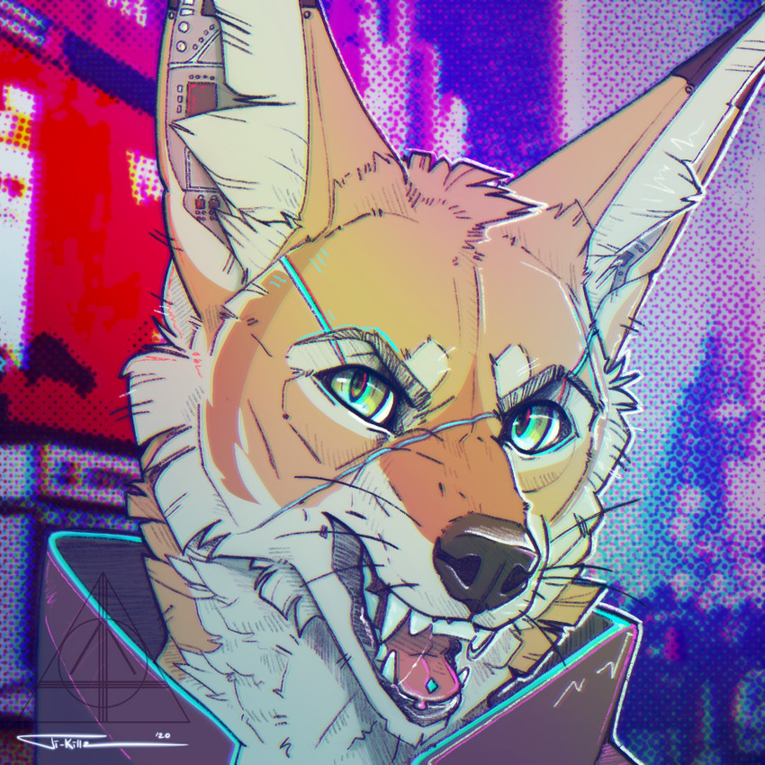 anthro clothed clothing cyberpunk fangs fur male mouth_shot open_mouth simple_background solo teeth tongue tongue_out killingtea cd_projekt_red cyberpunk_2077 canid canine canis fennec_fox fox mammal true_fox 1:1