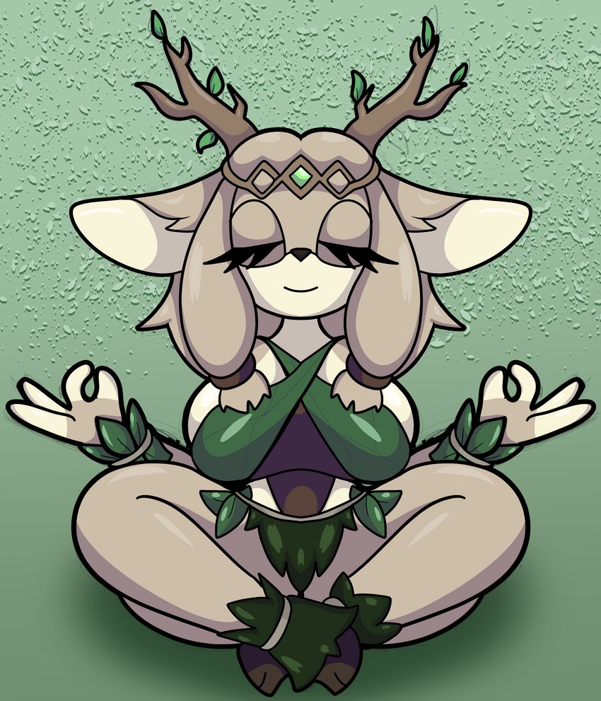 abstract_background anthro antlers big_breasts breasts brown_body brown_fur brown_hair crosslegged_pose eyelashes eyes_closed feet female fingers fur green_background hair hooves horn leaf_clothing meditation multicolored_body multicolored_fur simple_background sitting smile solo tan_body tan_fur thick_thighs two_tone_body two_tone_fur someth1ngoranother sega sonic_the_hedgehog_(series) fan_character deer mammal 2022 absurd_res digital_media_(artwork) hi_res