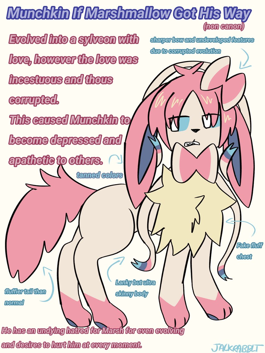 alternate_color alternate_form alternate_species ambiguous_gender disgruntled ears_down eevee_costume evolution_dysmorphia evolution_dysphoria feral feral_with_hair forced forced_transformation fur_clothing greeting hair lore pawpads paws pivoted_ears simplified_pawpads skinny slim solo text title transformation underweight jackrabbit_(artist) nintendo pokemon munchkin_(jackrabbit) eeveelution generation_6_pokemon pokemon_(species) sylveon 2024 3:4 absurd_res character_name digital_media_(artwork) english_text hi_res ibispaint_(artwork) model_sheet trans_(lore) trans_man_(lore)