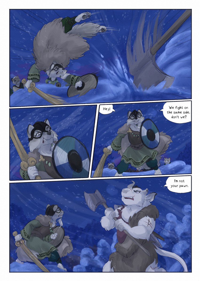 ambiguous_gender anthro armor axe biped broken_horn dialogue dialogue_box dodging fight fur grey_body grey_fur grey_tail group headgear helmet holding_object holding_weapon horn male melee_weapon night outside scar shield snow snowing speech_bubble sword tail text weapon white_body white_fur white_tail wind bjekkergauken the_weapon_thief ulf_(bjekkergauken) aurochs bovid bovine canid canine canis mammal recently_extinct_species wolf 2025 colored comic english_text hi_res