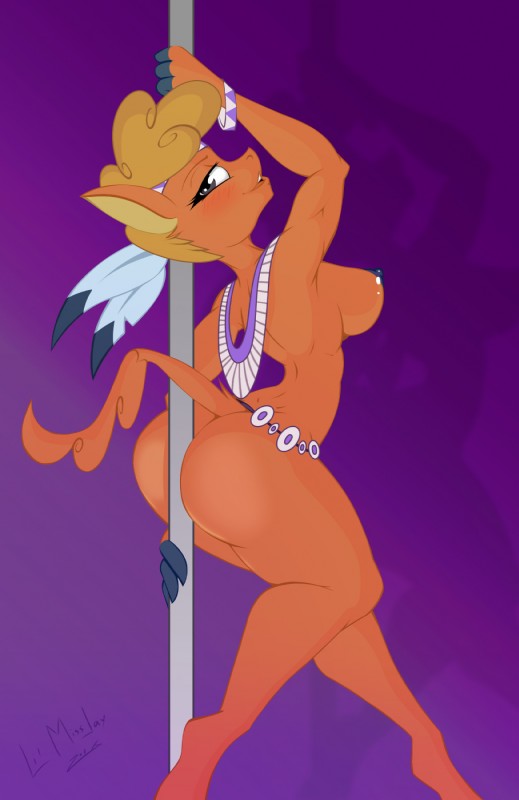 anthro big_breasts big_butt blush breasts butt dancing female fur looking_at_viewer nipples pole pole_dancing solo stripper_pole jrvanesbroek friendship_is_magic hasbro my_little_pony little_strongheart_(mlp) bison bovid bovine mammal hi_res