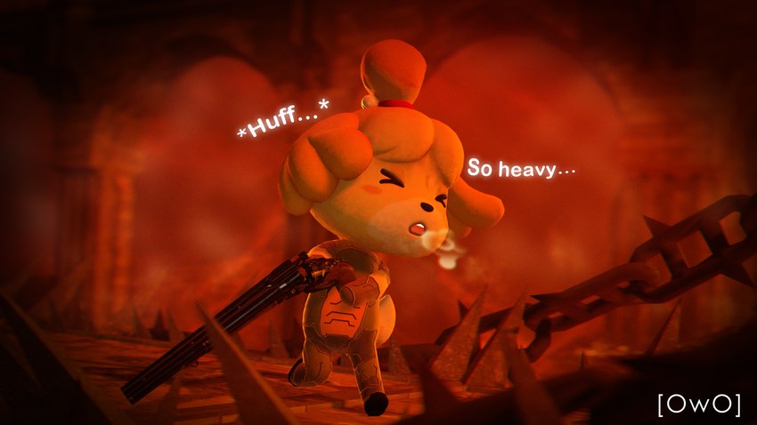 anthro armor breath bridge clothed clothing cosplay dialogue eyes_closed female footwear fur gun hair hell on_model open_mouth orange_body orange_fur outside panting ranged_weapon shotgun solo struggling_to_lift super_shotgun tail text topwear weapon yellow_body yellow_fur owo_sfm animal_crossing doom_(series) id_software microsoft nintendo doom_slayer isabelle_(animal_crossing) animal_humanoid canid canine canis domestic_dog humanoid mammal 16:9 3d_(artwork) 4k absurd_res digital_media_(artwork) english_text hi_res source_filmmaker_(artwork) widescreen