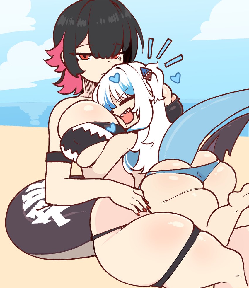 beach big_breasts big_butt bikini biped black_hair breasts butt clothed clothing female female/female hair heart_symbol larger_female loli open_mouth pigtails short_pigtails size_difference swimwear thick_thighs two-piece_swimsuit white_hair young theyeager hololive hololive_en mihoyo vtuber zenless_zone_zero ellen_joe_(zzz) gawr_gura animal_humanoid fish fish_humanoid humanoid marine marine_humanoid shark_humanoid hi_res