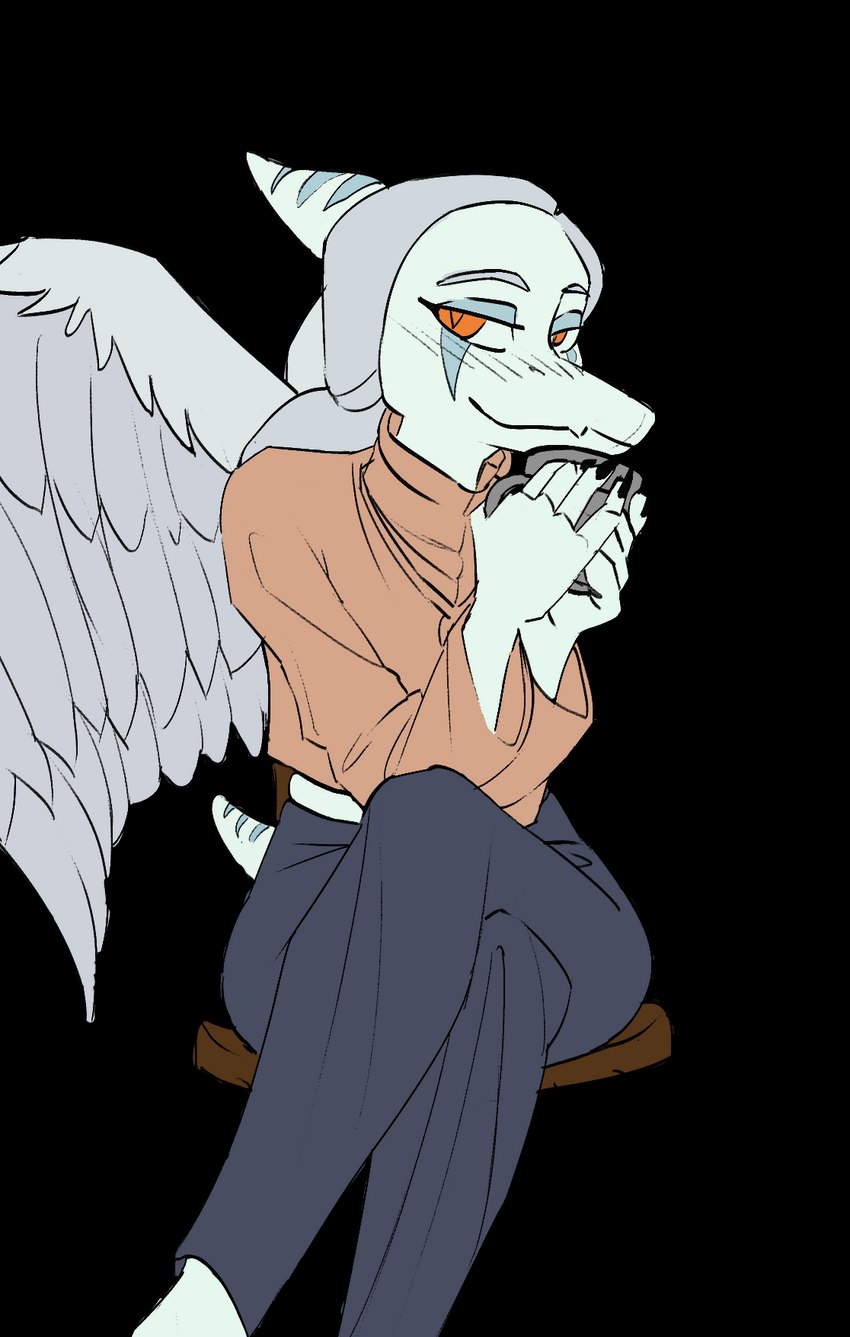 5_fingers amber_eyes anthro blue_body blue_scales claws clothed clothing container crop_top cropped_sweater crossed_legs cup detailed_background feathered_wings feathers female finger_claws fingers frill_(anatomy) grey_body grey_feathers grey_hair hair head_crest head_frill holding_container holding_cup holding_mug holding_object hot_beverage jewelry long_hair looking_at_viewer markings mug narrowed_eyes necklace pendant pupils scales shirt short_tail simple_background sitting slit_pupils smile smiling_at_viewer solo steam steaming_cup striped_frill striped_markings striped_tail stripes tail tail_markings topwear transparent_background wings desertkaiju third-party_edit cavemanon_studios goodbye_volcano_high snoot_game fang_(gvh) prehistoric_species pterodactylus pterosaur reptile scalie alpha_channel color_edit colored hi_res