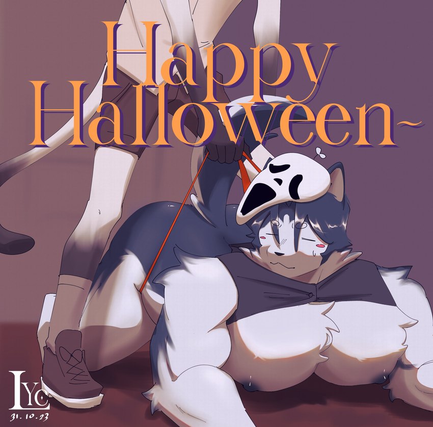 anthro ass_up big_pecs blush body_hair chest_hair clothing duo fluffy fluffy_tail flustered grabbing_from_behind holidays jack-o'_pose male male/male mask pecs pose size_difference small_dom_big_sub small_top_big_bottom standing_over tail thong underwear the_lycander halloween canid canine canis domestic_cat domestic_dog felid feline felis husky mammal nordic_sled_dog siamese spitz absurd_res hi_res