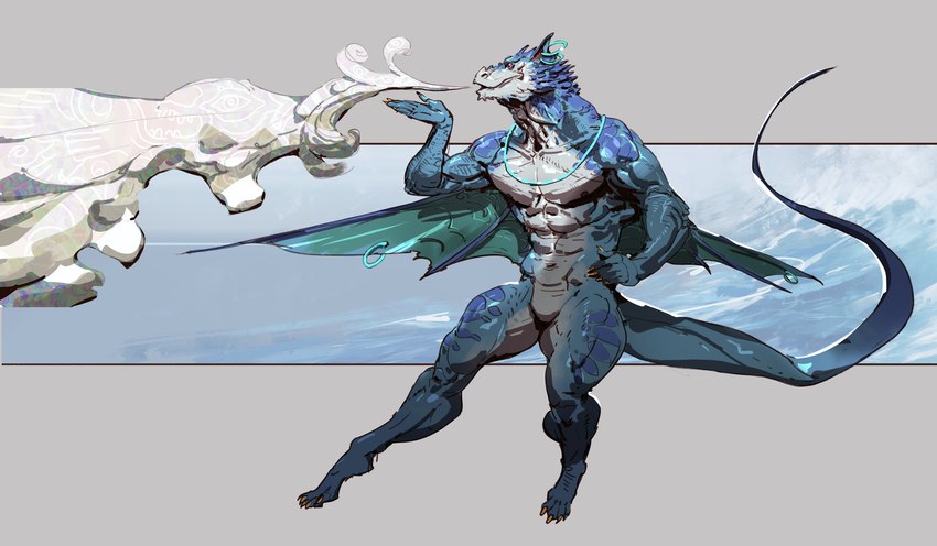 anthro blue_body breath claws ear_piercing male pecs piercing solo tail pacelic mythology dragon mythological_creature mythological_scalie scalie absurd_res hi_res