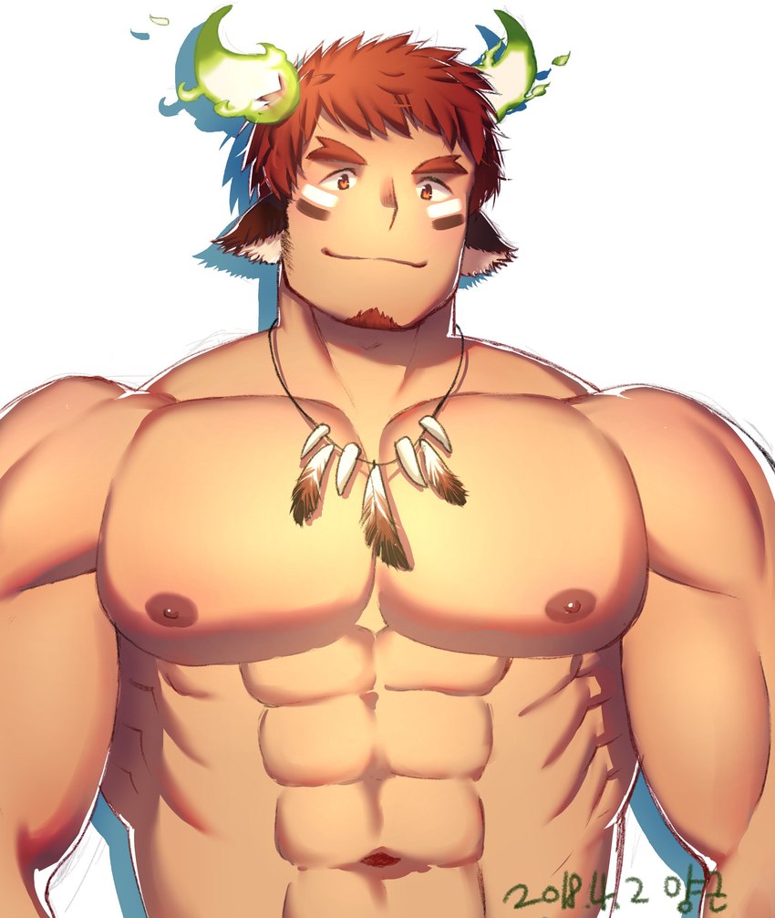 abs areola beard brown_eyes brown_hair eye_black eyebrows facial_hair hair horn jewelry male muscular muscular_humanoid muscular_male necklace nipples nude pecs shadow simple_background smile solo sheepgnyook lifewonders tokyo_afterschool_summoners wakan_tanka_(tas) animal_humanoid bovid bovid_humanoid humanoid mammal mammal_humanoid 2018 absurd_res dated half-length_portrait hi_res portrait