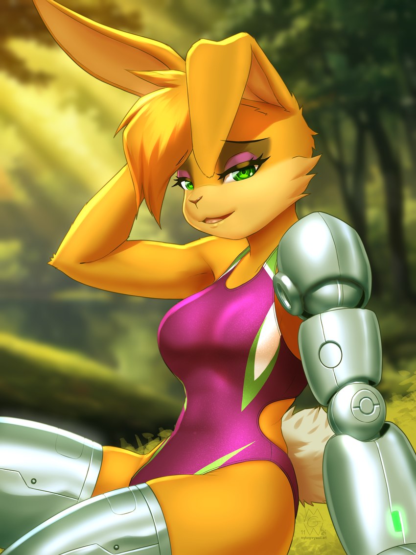 anthro biped blurred_background breasts clothed clothing cybernetic_arm cybernetic_limb eyebrows eyelashes female green_eyes hair long_ears medium_breasts one-piece_swimsuit outside solo swimwear tail mykegreywolf archie_comics sega sonic_the_hedgehog_(archie) sonic_the_hedgehog_(comics) sonic_the_hedgehog_(series) bunnie_rabbot lagomorph leporid mammal rabbit 2024 3:4 absurd_res digital_media_(artwork) hi_res