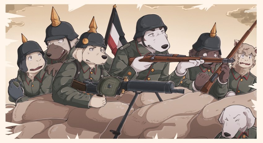anthro armor army brown_body brown_fur clothed clothing detailed_background explosives flag flag_(object) fur german_empire german_flag germany grenade group gun headgear helmet holding_gun holding_object holding_ranged_weapon holding_rifle holding_weapon machine_gun male male_anthro military military_uniform outside pickelhaube ranged_weapon rifle sack sky soldier uniform war warrior weapon white_body white_fur wool_(fur) world_war_1 callmetatsuo bird_dog bovid canid canine canis caprine domestic_dog german_shepherd german_spitz goat golden_retriever herding_dog hunting_dog hybrid mammal pastoral_dog retriever spitz absurd_res hi_res