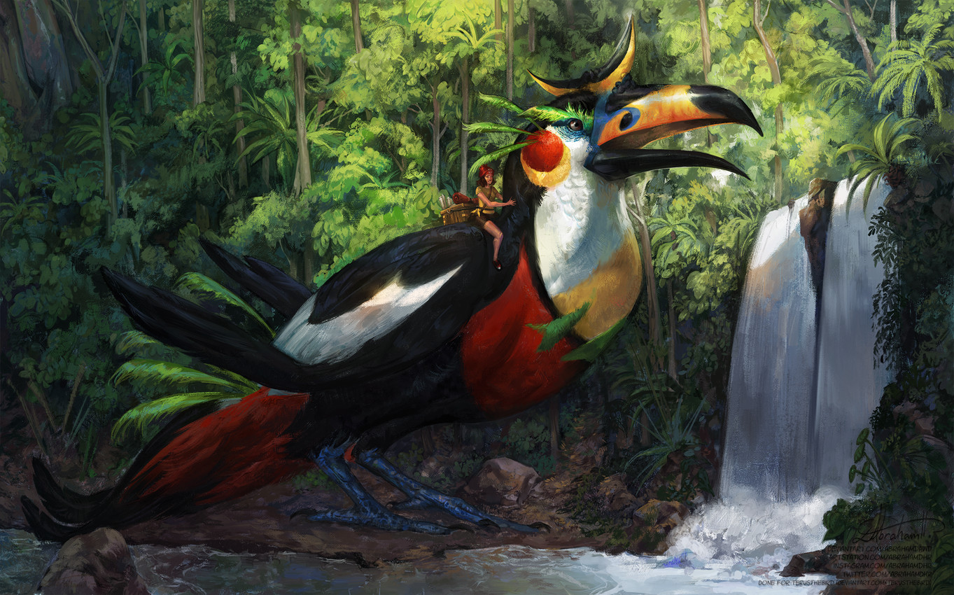 4_toes ambiguous_gender beak carrying_another clothing crate day duo extreme_size_difference feathered_tail feathered_wings feathers feet female feral folded_wings forest hat headgear headwear holding_onto_partner jungle larger_ambiguous larger_feral macro open_beak open_mouth plant realistic red_clothing red_hat red_headwear riding riding_on_back side_view size_difference smaller_female smaller_human standing straddling tail toes tree water waterfall wings zygodactyl abrahamdhr nintendo pokemon selene_(pokemon) alpha_pokemon avian bird bucerotiform hornbill human mammal mega_toucannon_(aurora_xatu_fakemon) toucan 2022 digital_media_(artwork) digital_painting_(artwork) hi_res painting_(artwork)